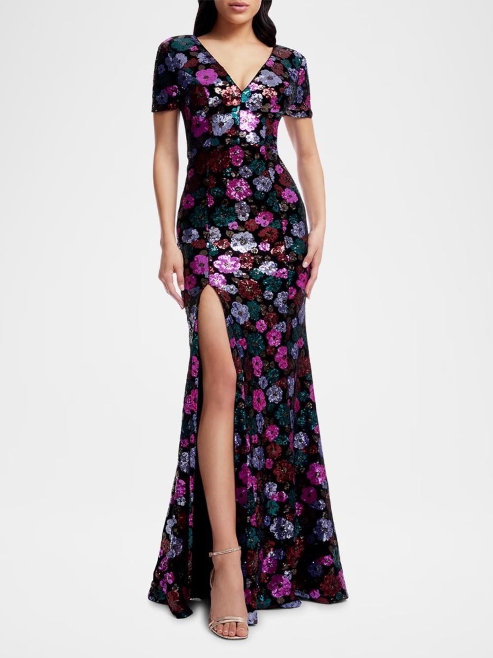 Dress the Population Black Label Karla Floral Sequined Short-Sleeve Gown